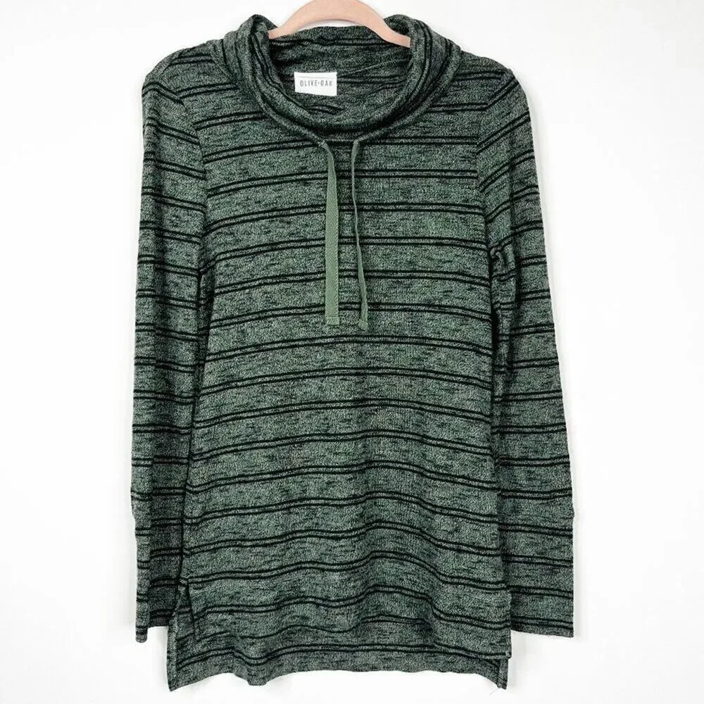 2/$30 Olive + Oak Lidy Cowl Neck Hi-Low Knit Top Tunic Green Striped XS #8908
